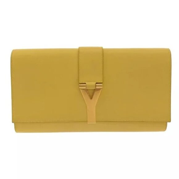 100% Authentic SAINT LAURENT PARIS Yellow Gold Leather Clutch Bag 500-11524